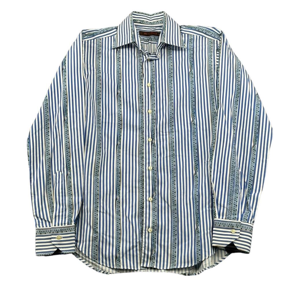 Etro Shirt Mens 39 Blue White Stripe Button 3D Graphic Tape Measure Tailors Sew